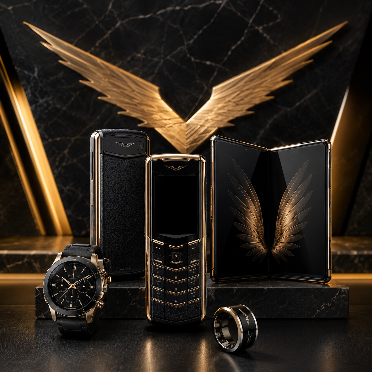 Luxury tech showcase with golden accents